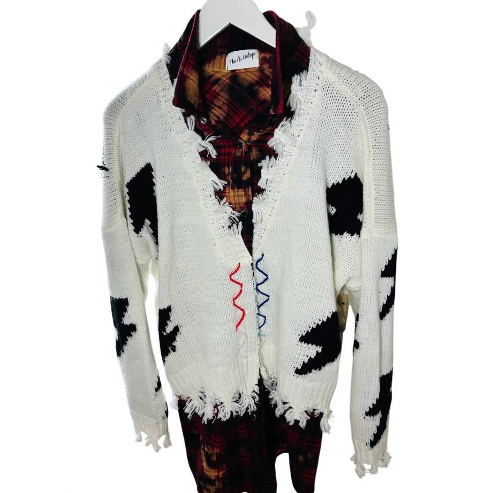 NEW THE NU VINTAGE women's plaid shirt with a fringe zig zag cardigan - 2 piece